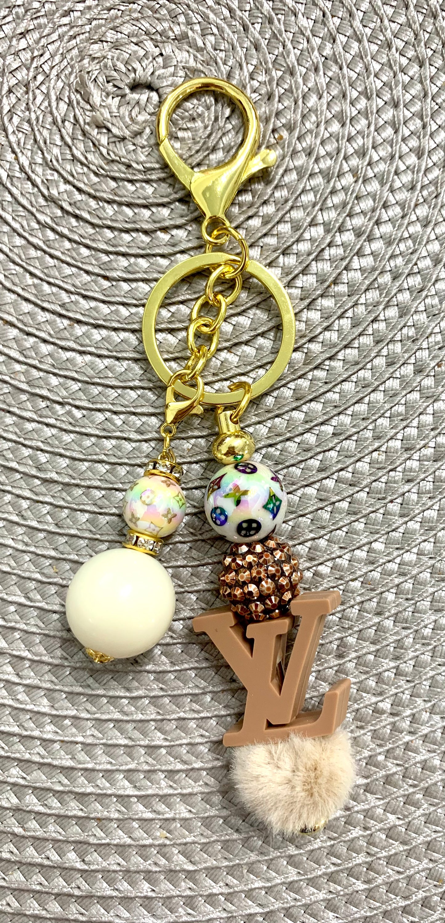 Brown and Cream Letter Charm Keychain
