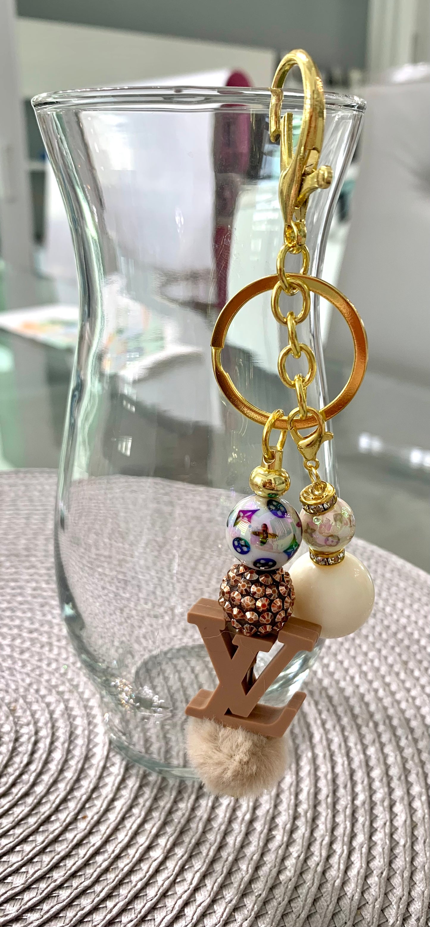 Brown and Cream Letter Charm Keychain